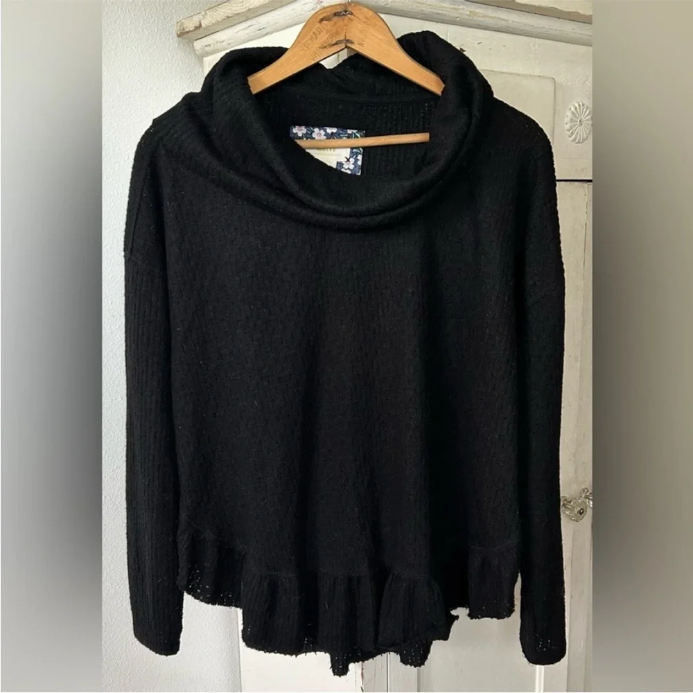 Anthropologie Maeve | Women’s Black Cowl Neck Long Sleeve Ruffle Hem Sweater, S